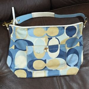Coach Blue and Tan Shoulder Bag with Geometric Design